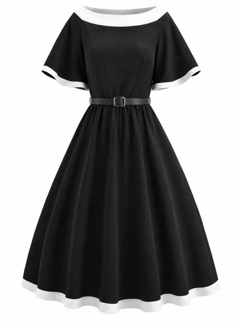 [Prévente] Robe Évasée Col Bateau Ceinturée Bordure Contrastée Noire Années 50