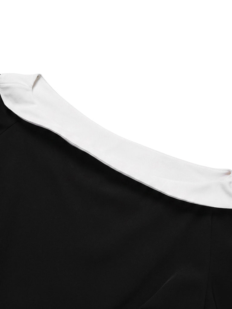 [Prévente] Robe Évasée Col Bateau Ceinturée Bordure Contrastée Noire Années 50