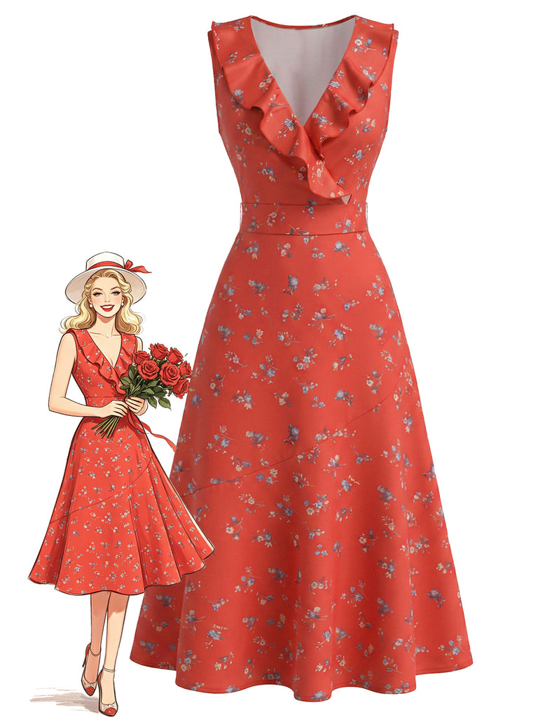 [Prévente] Robe Sans Manches Floral Volant Col V Petites Fleurs Rouge Années 1940