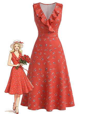 [Prévente] Robe Sans Manches Floral Volant Col V Petites Fleurs Rouge Années 1940