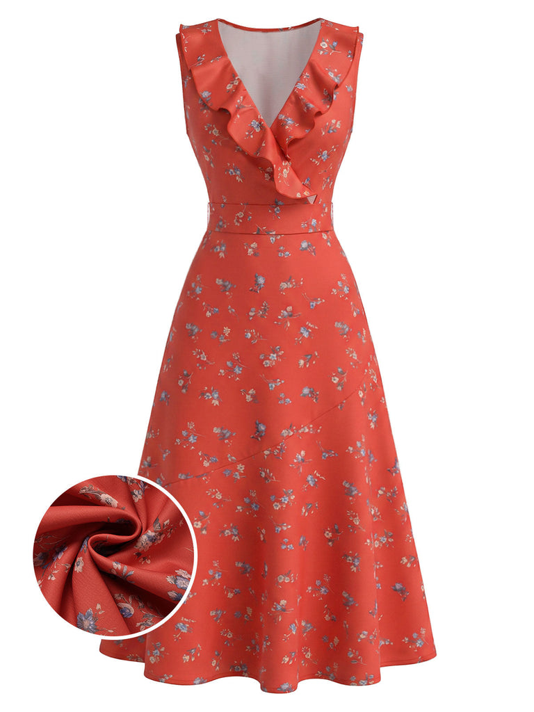 [Prévente] Robe Sans Manches Floral Volant Col V Petites Fleurs Rouge Années 1940 2