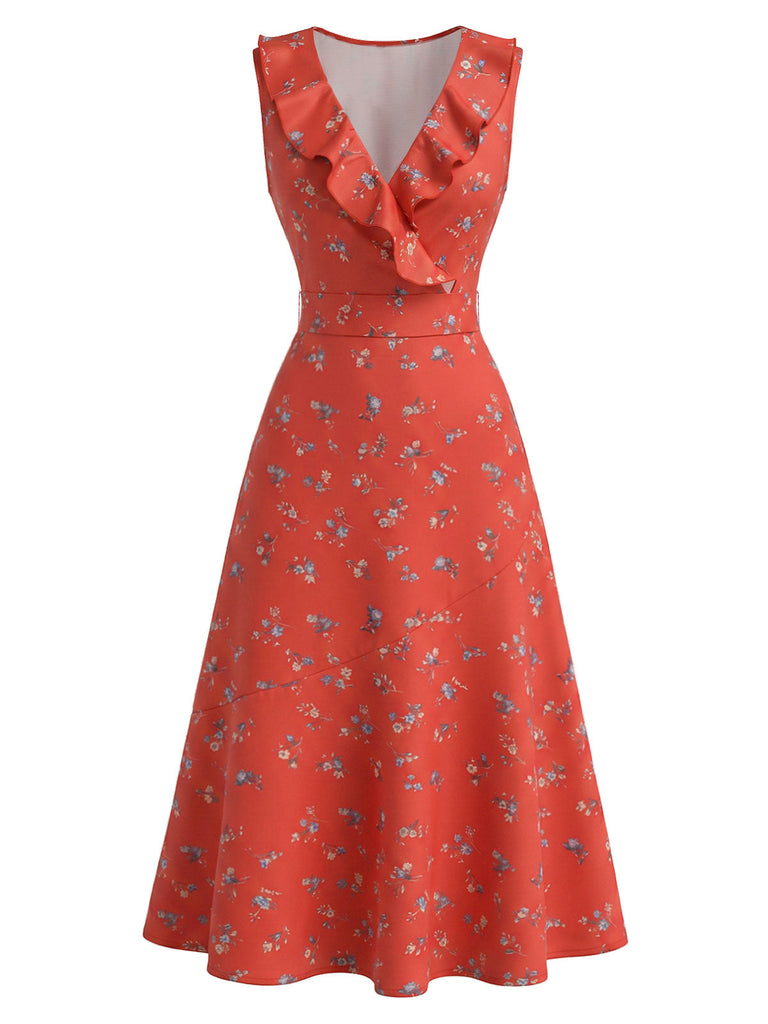 [Prévente] Robe Sans Manches Floral Volant Col V Petites Fleurs Rouge Années 1940 3