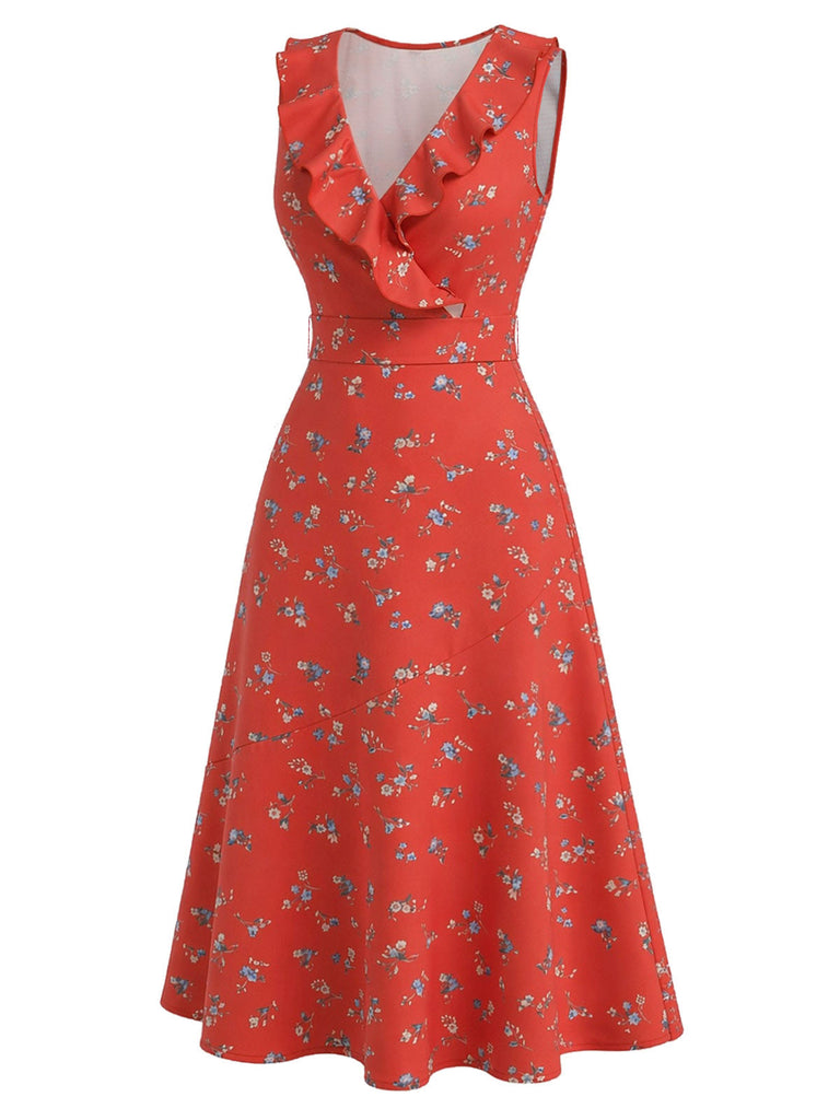[Prévente] Robe Sans Manches Floral Volant Col V Petites Fleurs Rouge Années 1940 4