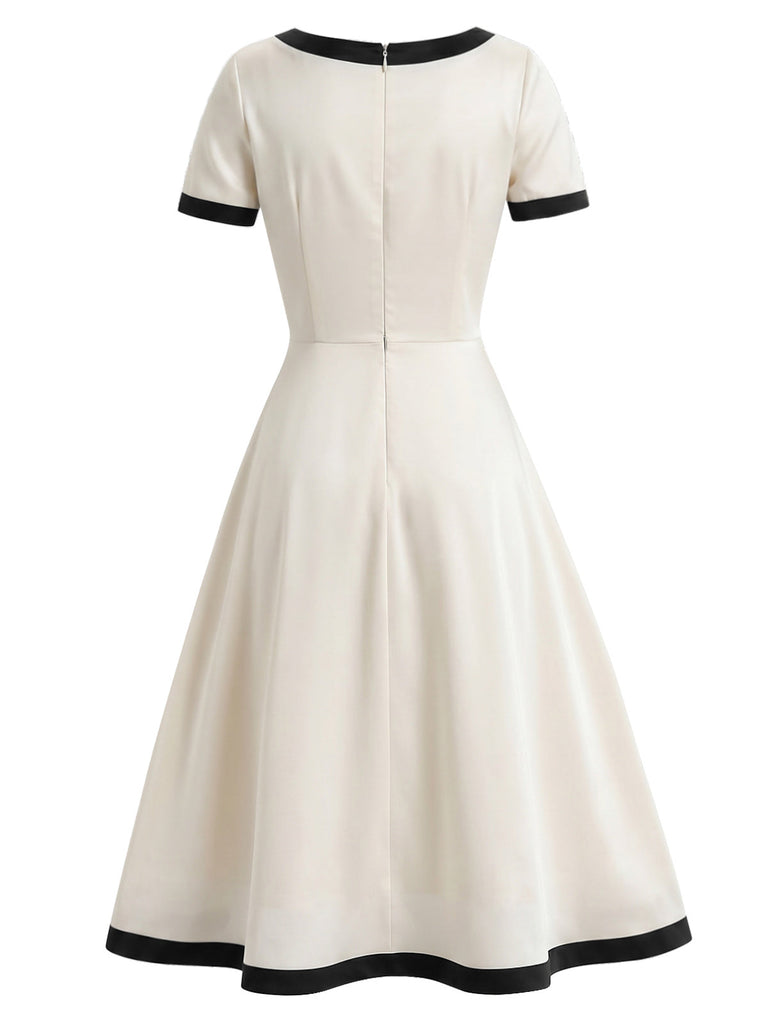 [Prévente] Robe Ligne A Col Carré Nœud Bordure Contrastée Blanche Années 40