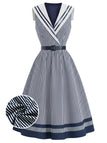 [Prévente] Robe Rayée Col Marin Col Châle Ceinturée Bleue Années 1940