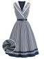 [Prévente] Robe rayée bleu et blanc marin col châle et ceinture années 1940