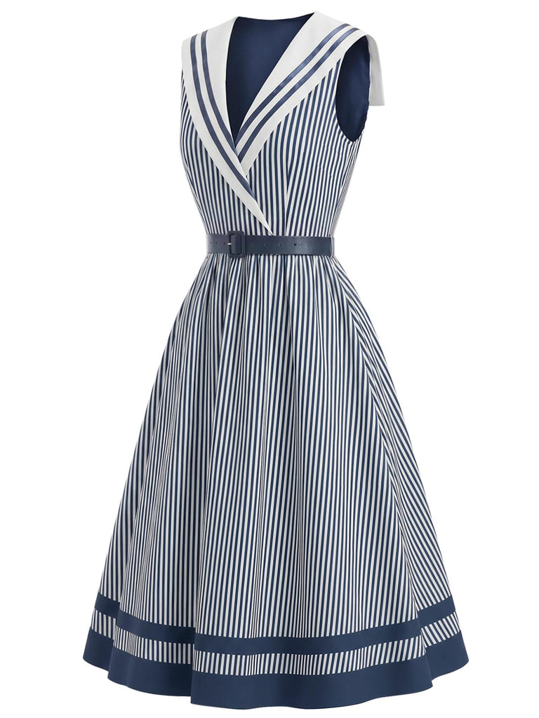 [Prévente] Robe Rayée Col Marin Col Châle Ceinturée Bleue Années 1940 3