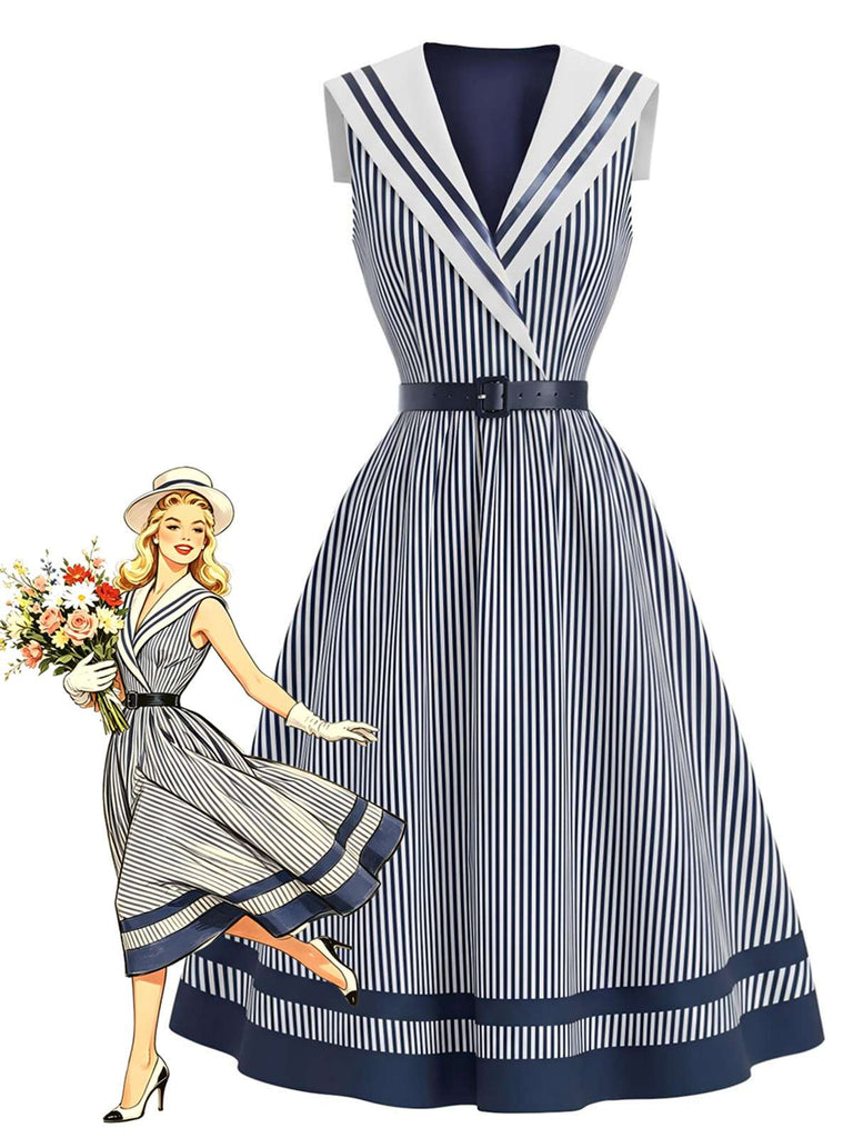 [Prévente] Robe rayée bleu et blanc marin col châle et ceinture années 1940