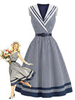 [Prévente] Robe rayée bleu et blanc marin col châle et ceinture années 1940