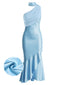 [Prévente] Robe Sirène Satin Asymétrique à Volants Bleue Années 1930