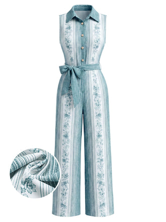 [Prévente] Combinaison à Jambes Larges Boutonnée Ceinturée Floral Bleu Clair Années 70