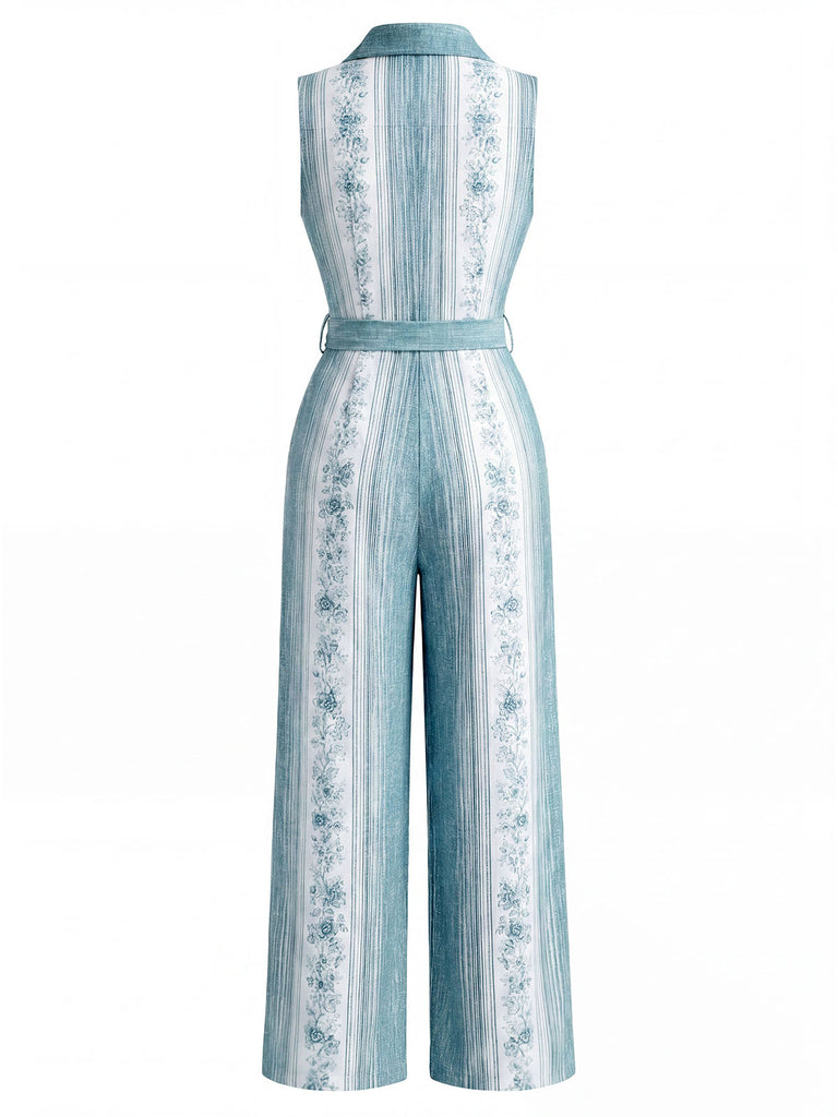 [Prévente] Combinaison à Jambes Larges Boutonnée Ceinturée Floral Bleu Clair Années 70
