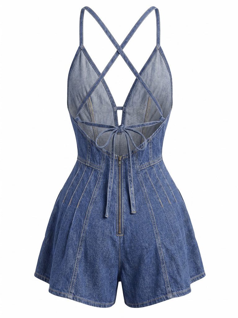 Combishort Coton Denim à Bretelles Noué au Dos Années 1950 8
