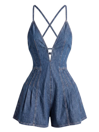 Combishort Coton Denim à Bretelles Noué au Dos Années 1950 7