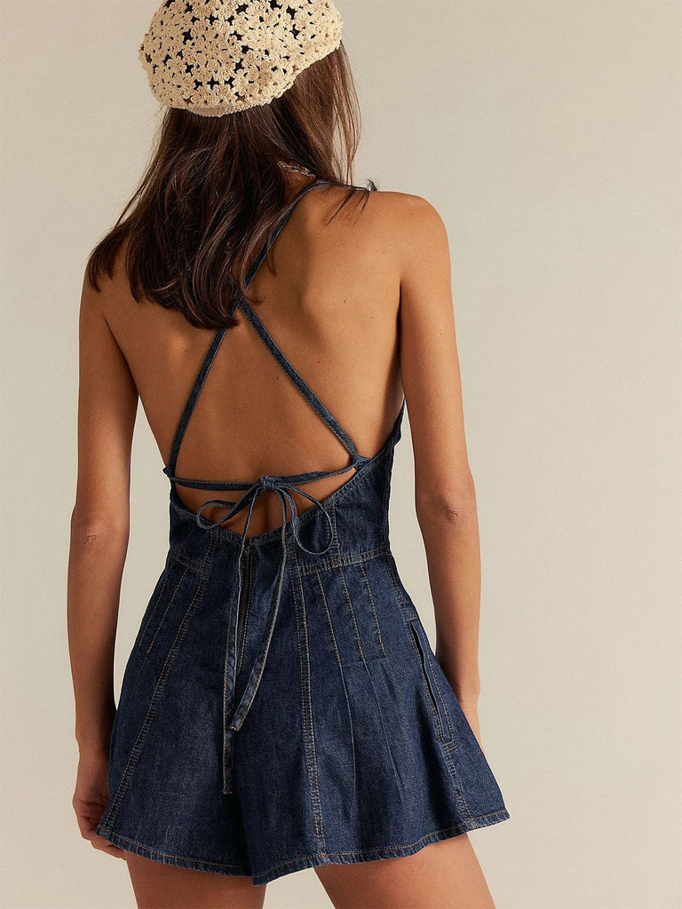 Combishort Coton Denim à Bretelles Noué au Dos Années 1950 3