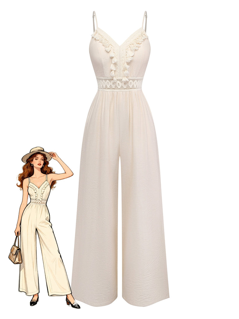 Combinaison à Bretelles Spaghetti Dentelle Crochet Franges Beige Années 70