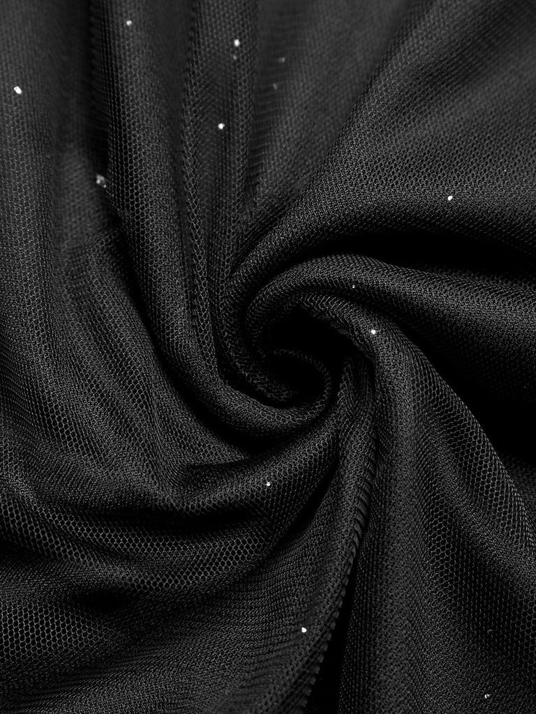 Robe sans Manches Paillettes Tulle Patchwork Noire Années 50