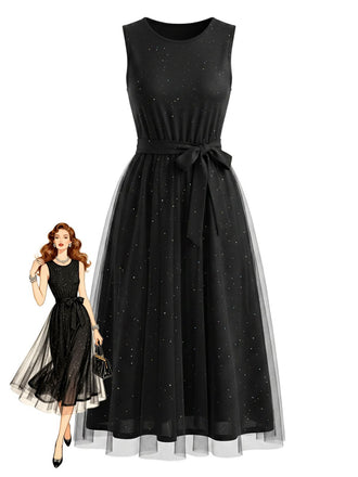 Robe sans Manches à Sequins en Maille Noire Années 50
