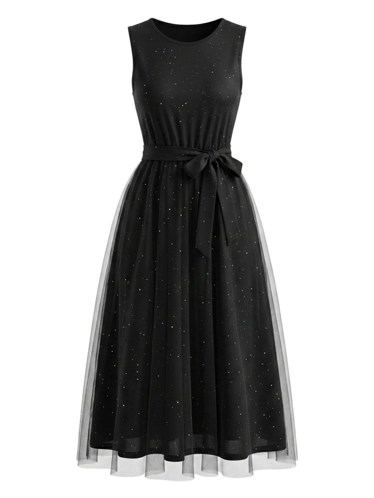 Robe sans Manches à Sequins en Maille Noire Années 50