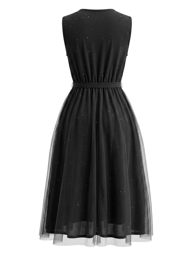 Robe sans Manches à Sequins en Maille Noire Années 50