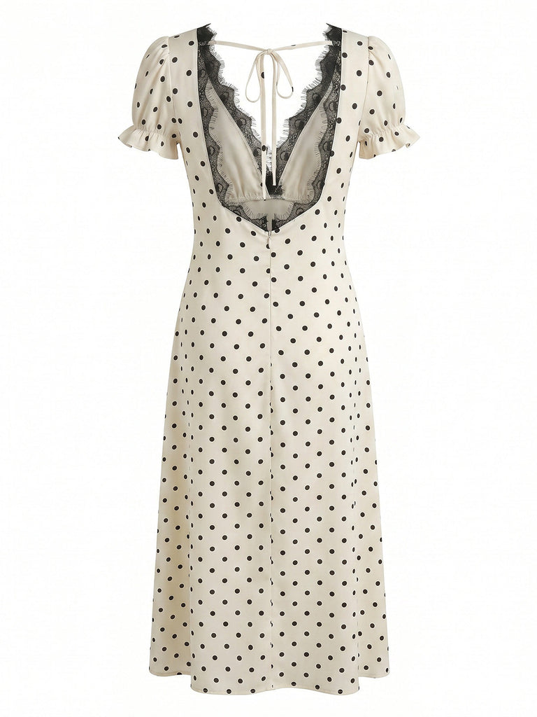 Robe à Pois Satin Dentelle Col V Beige Années 1930 5