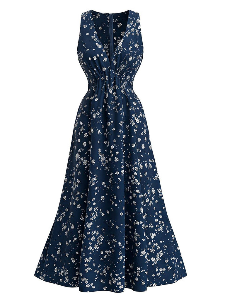 Robe midi bohème bleu marine motif floral et encolure américaine années 1970