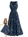 Robe midi bohème bleu marine motif floral et encolure américaine années 1970