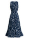 Robe midi bohème bleu marine motif floral et encolure américaine années 1970