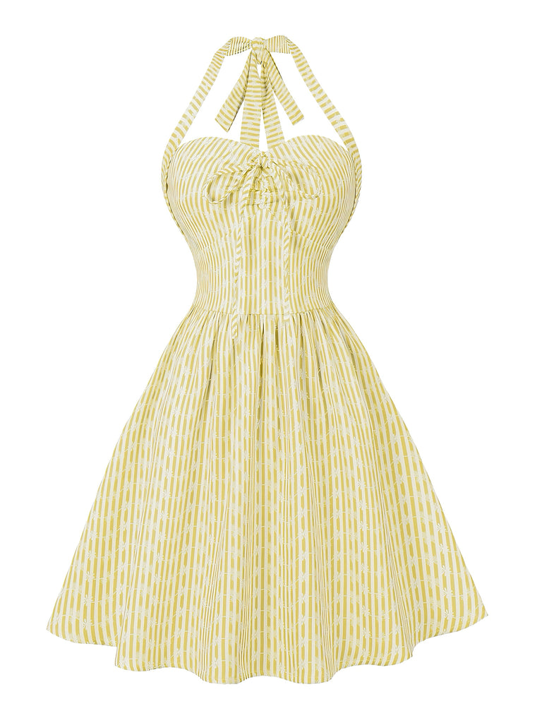 Robe Mini Évasée Dos-Nu Rayée Nouage Col Années 50