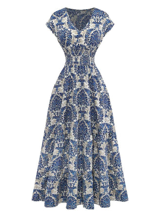 Robe Maxi Taille Empire Col V Floral Ornemental Boho Années 70