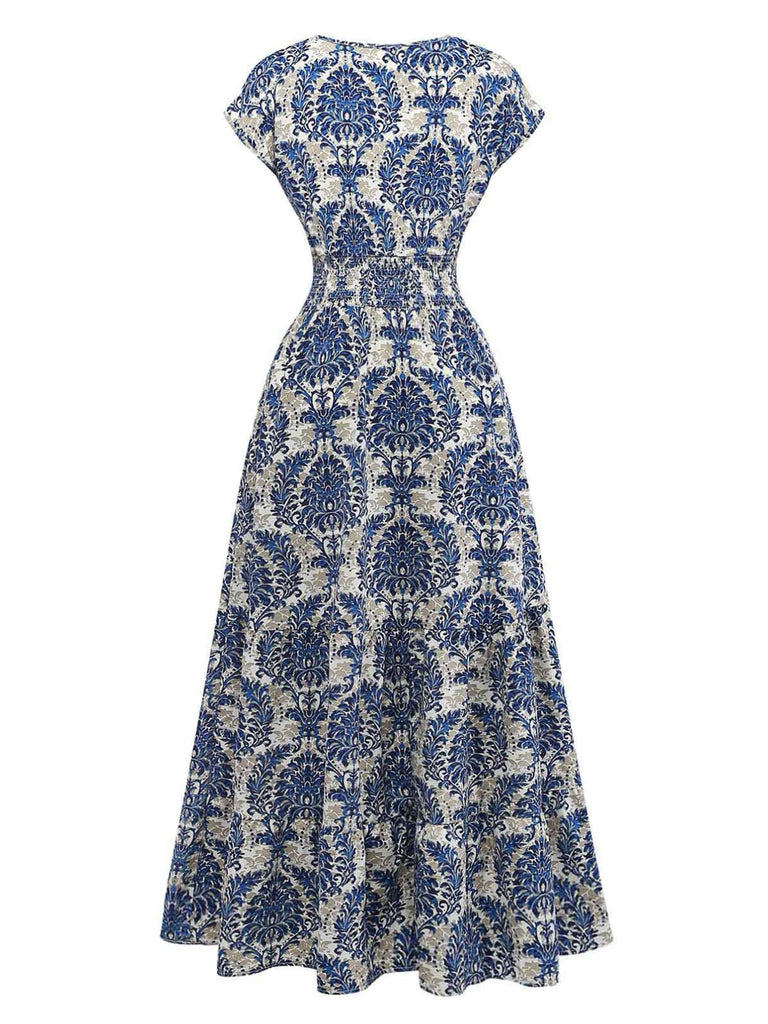 Robe Maxi Taille Empire Col V Floral Ornemental Boho Années 70