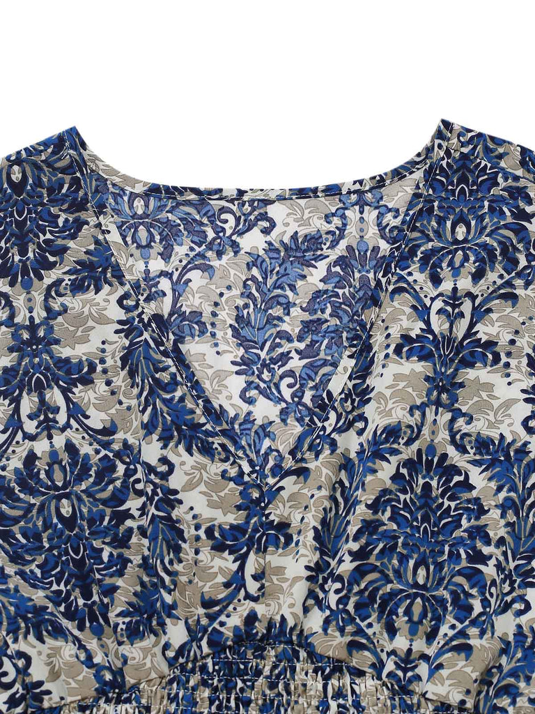 Robe Maxi Taille Empire Col V Floral Ornemental Boho Années 70
