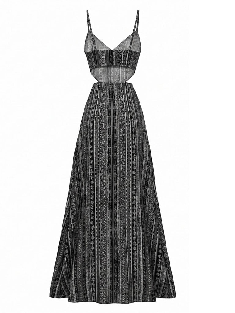 Robe longue noire bohème fines bretelles années 70