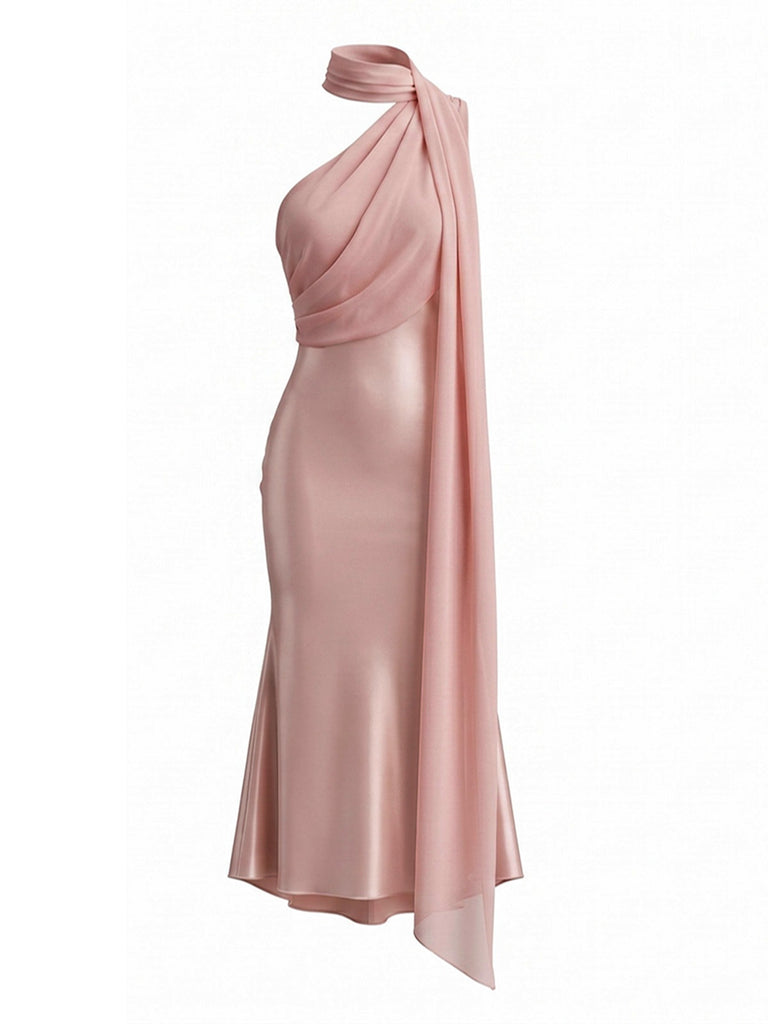 Robe sirène satin orange et rose épaule et écharpe années 1930