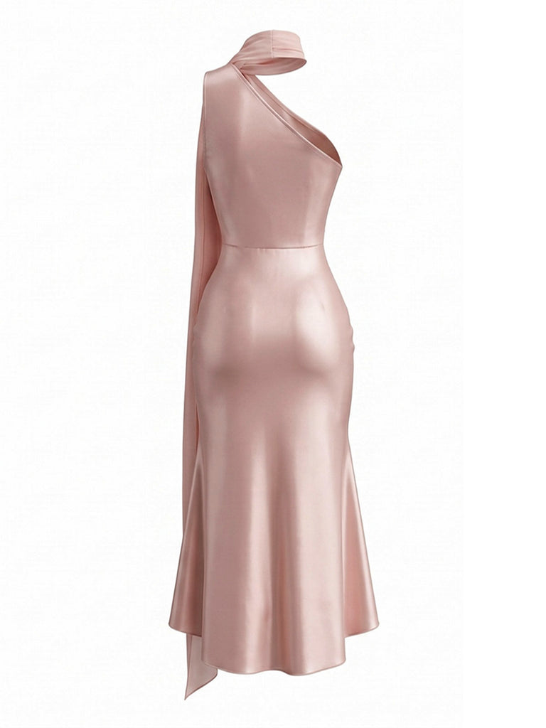 Robe sirène satin orange et rose épaule et écharpe années 1930