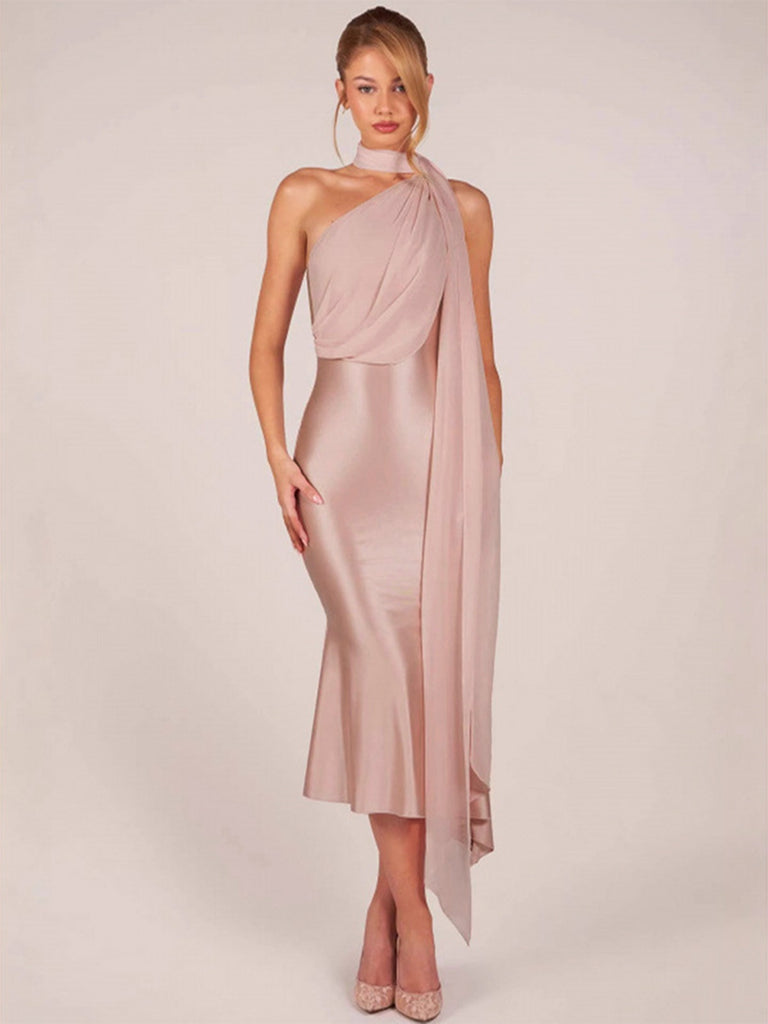 Robe sirène satin orange et rose épaule et écharpe années 1930