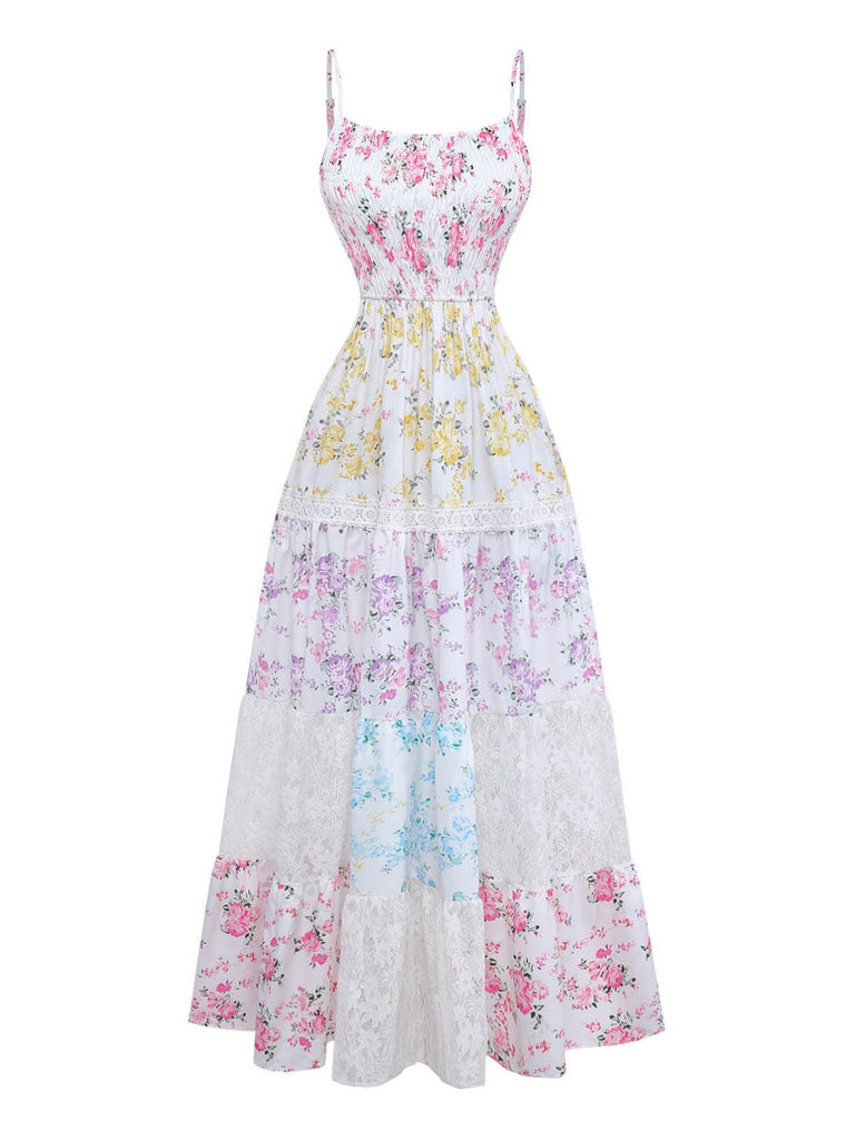 Robe Multicolore Smocké Floral Dentelle à Étages Maxi Années 1970