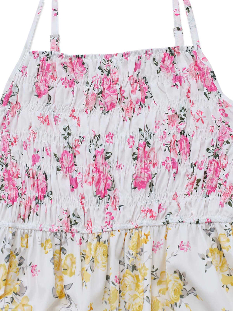 Robe Multicolore Smocké Floral Dentelle à Étages Maxi Années 1970 2