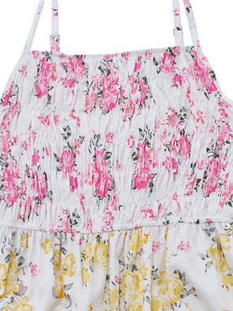 Robe Multicolore Smocké Floral Dentelle à Étages Maxi Années 1970 2