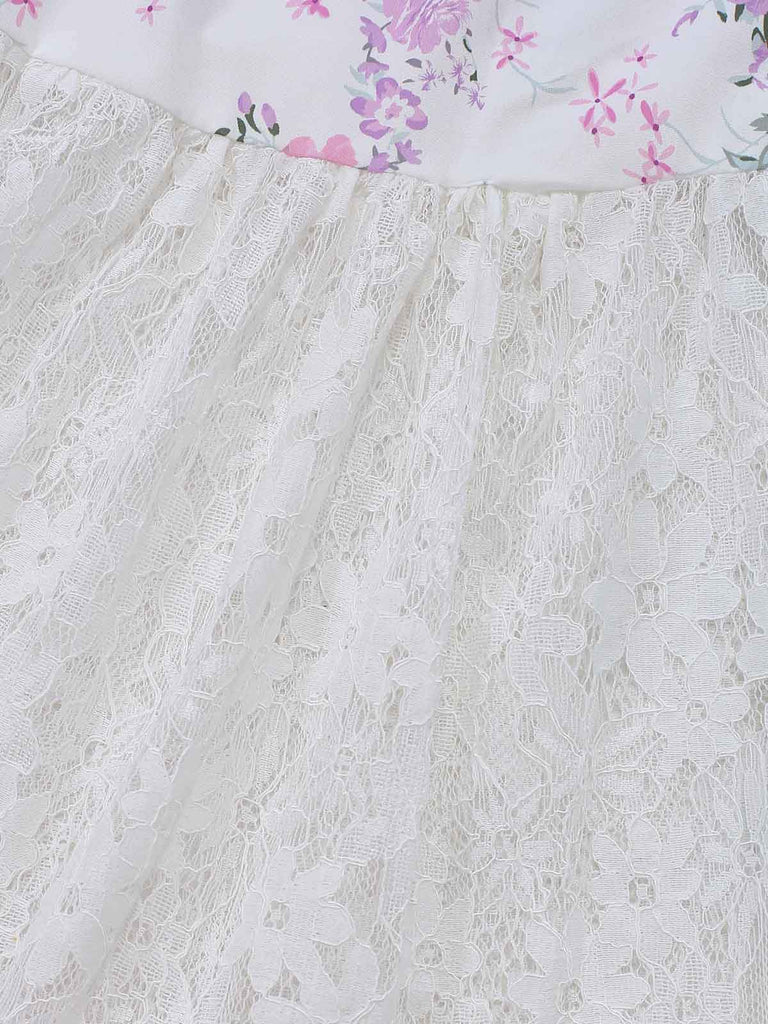 Robe Multicolore Smocké Floral Dentelle à Étages Maxi Années 1970 4