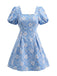 Robe encolure carrée jacquard fleuri et manches bouffantes années 1960
