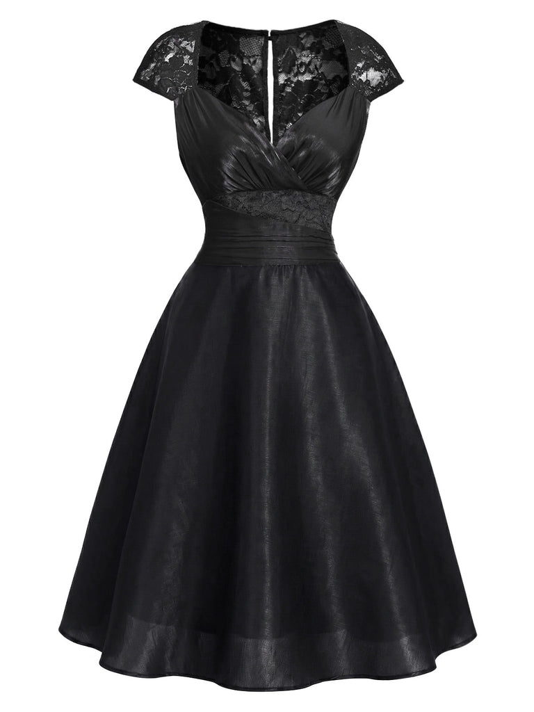 [Prévente] Robe Manches Courtes Dentelle Satin Cocktail Noir Années 1950 3