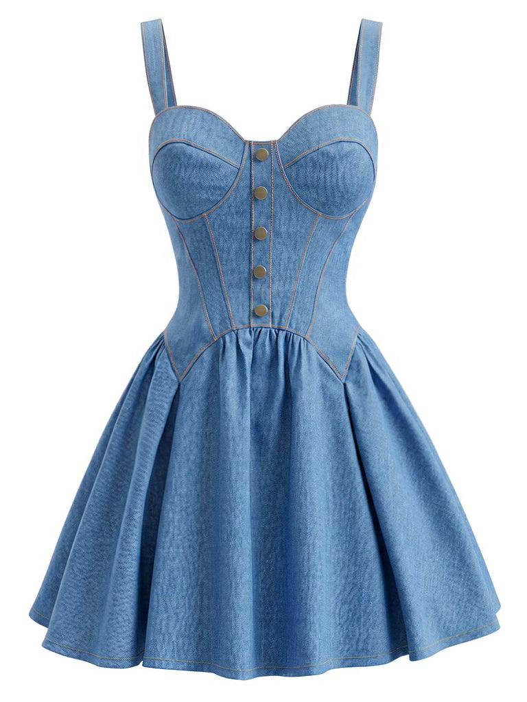 [Prévente] Robe Mini Bustier Corset à Bretelles Faux Jean Bleue Années 80