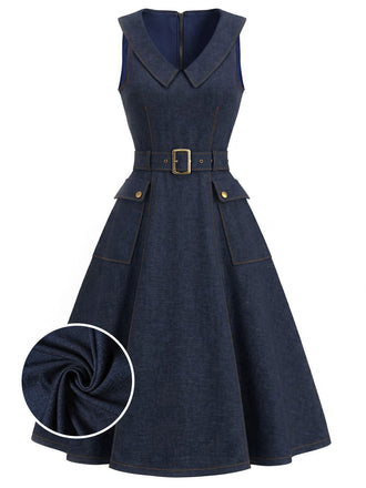 [Prévente] Robe Marine Bleu Revers Col V Sans Manches Denim Années 1950