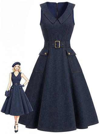 [Prévente] Robe Marine Bleu Revers Col V Sans Manches Denim Années 1950