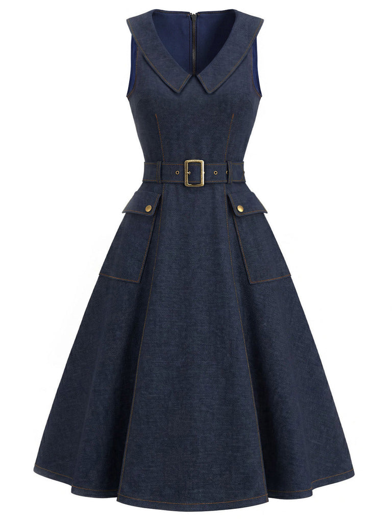 [Prévente] Robe Marine Bleu Revers Col V Sans Manches Denim Années 1950