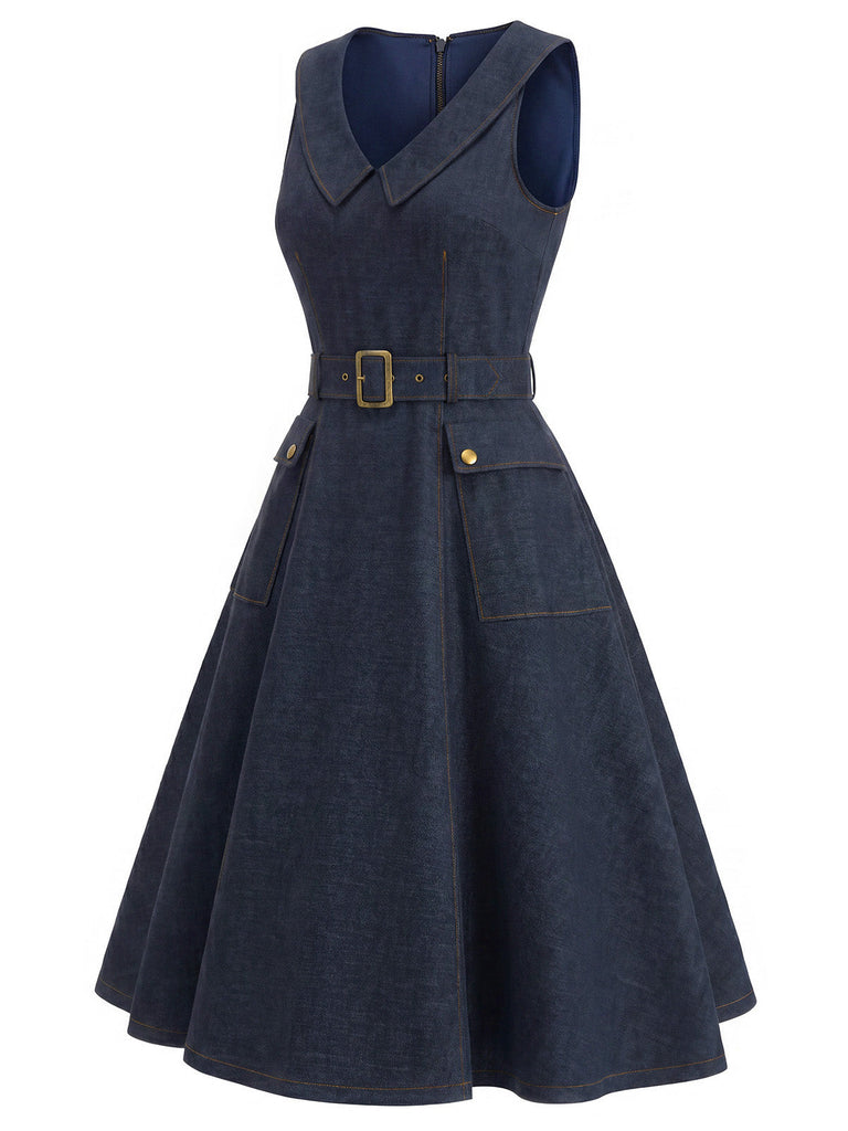 [Prévente] Robe Marine Bleu Revers Col V Sans Manches Denim Années 1950