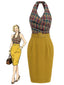 [Prévente] Robe fourreau marron carreaux dos nu décolleté V et encolure tour cou années 60