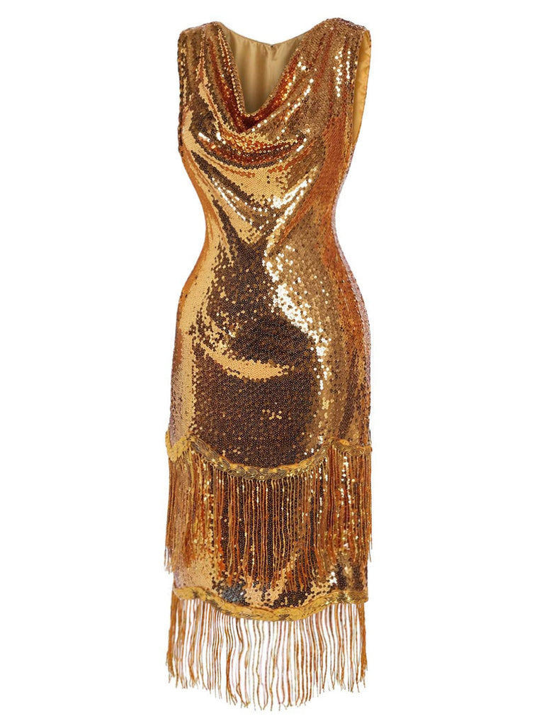 [Prévente] Robe dorée à sequins, col bénitier et franges Années 1920