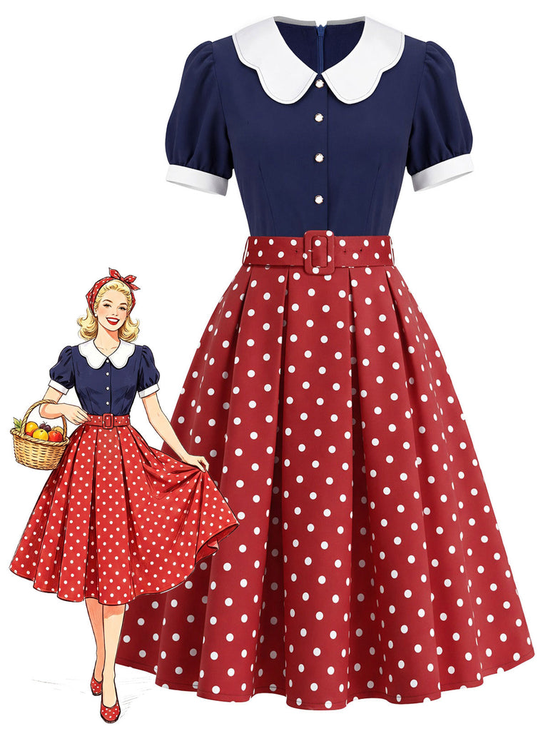 [Prévente] Robe à Pois à Col Pétale Bleu Marine Années 1950